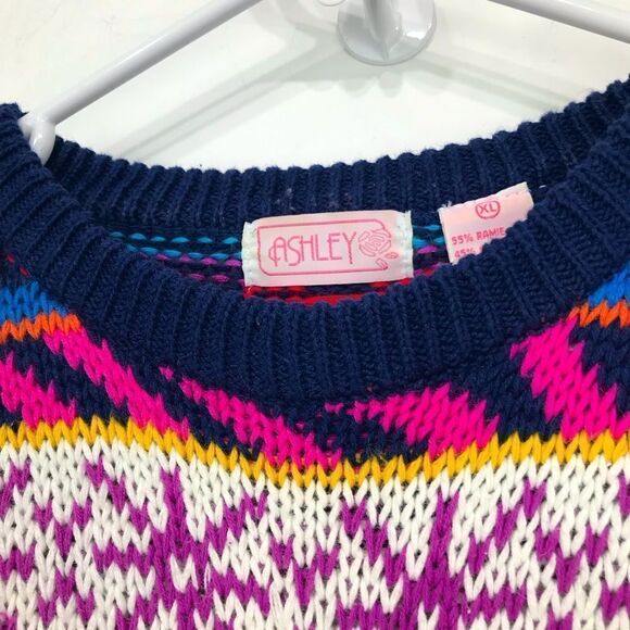 Ashley Colorful Design Stripe Knit Pullover Retro Crew Neck Sweater - Picture 13 of 15